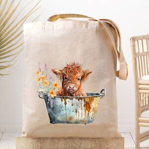Bathtime Baby Highland Cow Canvas Tote Bag
